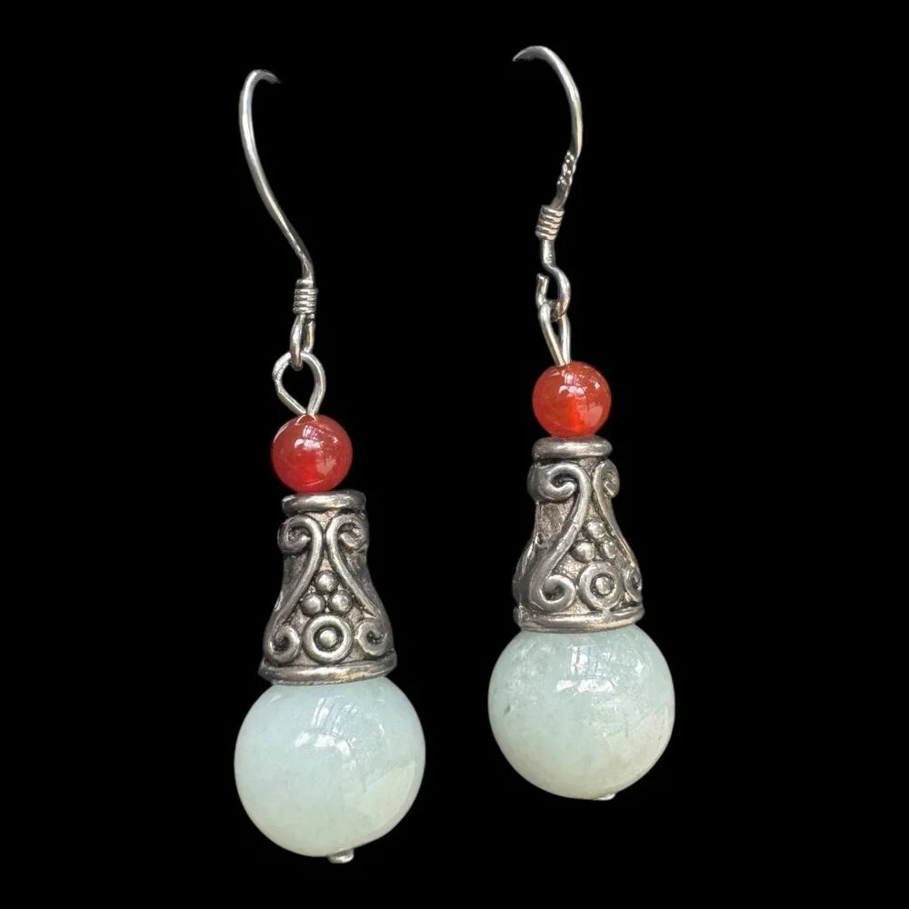 Vintage 925 Sterling Silver Dangle Earrings With Carnelian & Jade Beads Morocco - Picture 4 of 12